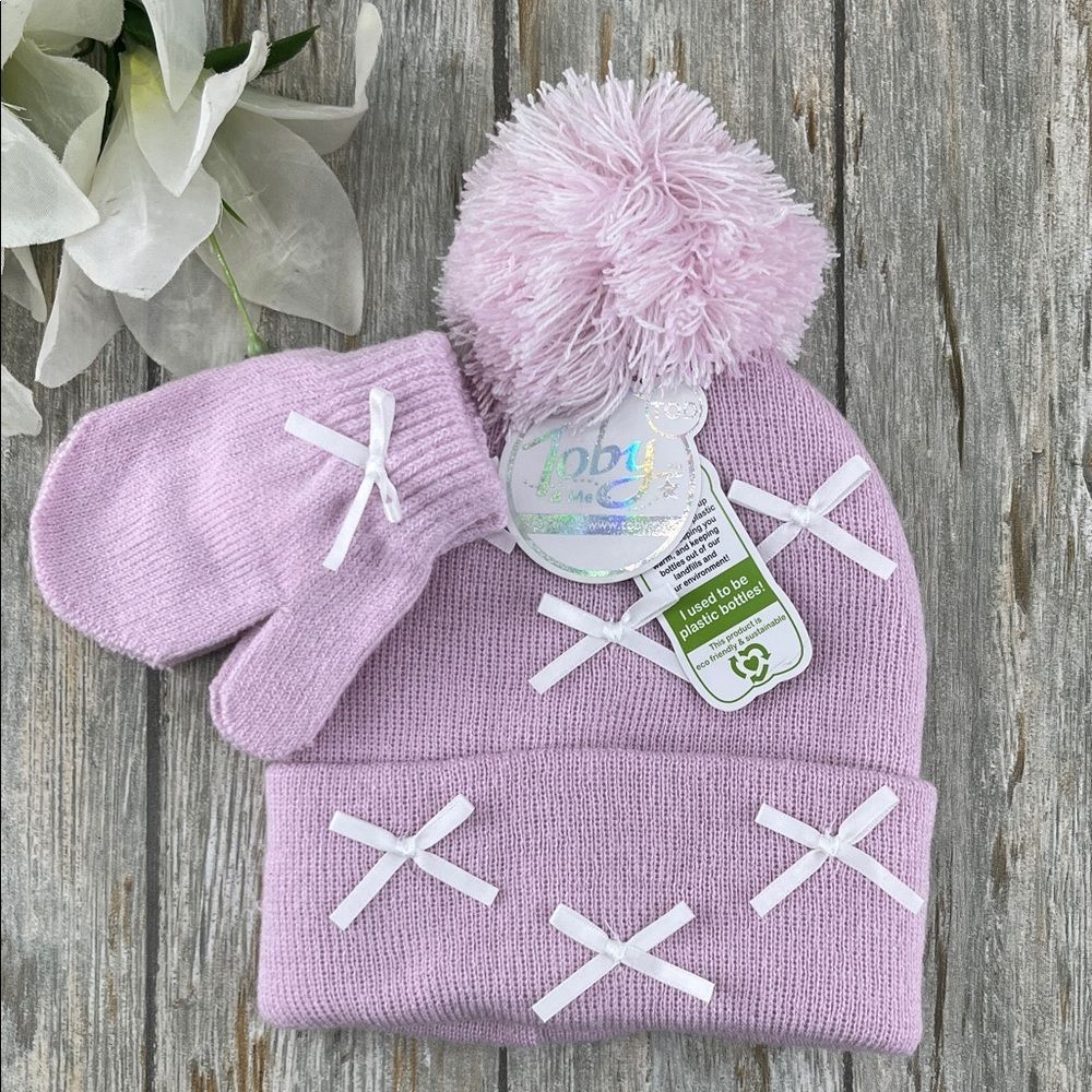 Toby & Me Pink Knit Hat With Pom-Pom & Mittens